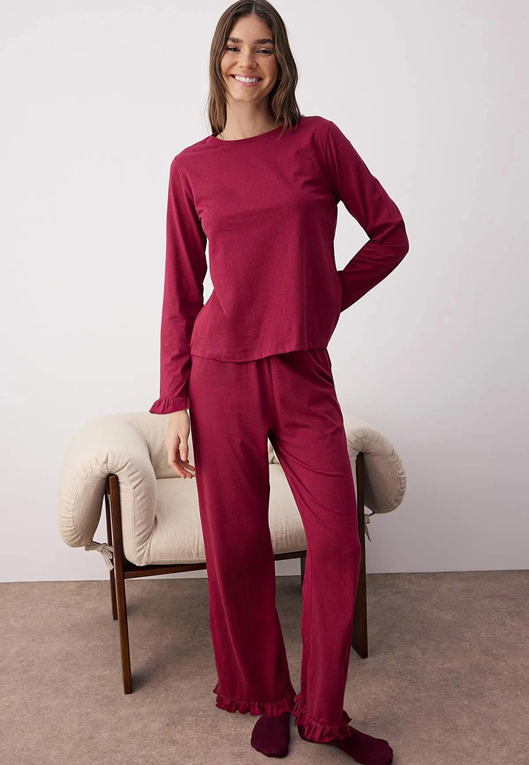 Trendyol Burgundy 100% Cotton Ruffle Knitted Pajama Set Thmaw26Pt00057