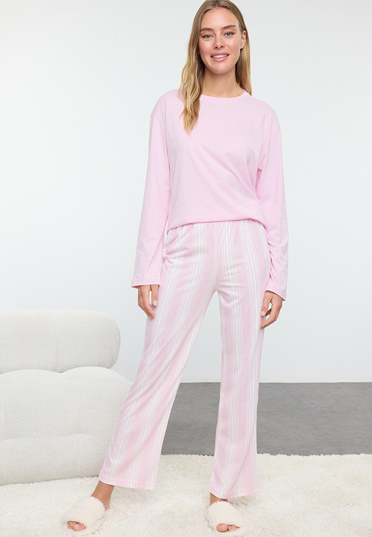Trendyol Pink 100% Cotton Striped Knitted Pajama Set Thmaw25Pt00188