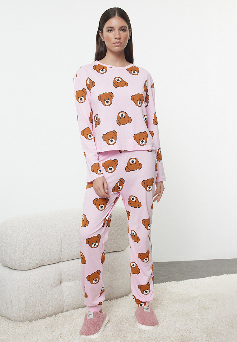 Trendyol Pink 100% Cotton Teddy Bear Knitted Pajama Set Thmaw23Pt00514