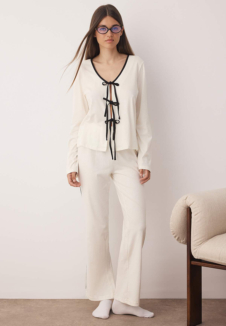 Trendyol Ecru 100% Cotton Bow/Tie Knitted Pajama Set Thmaw26Pt00009