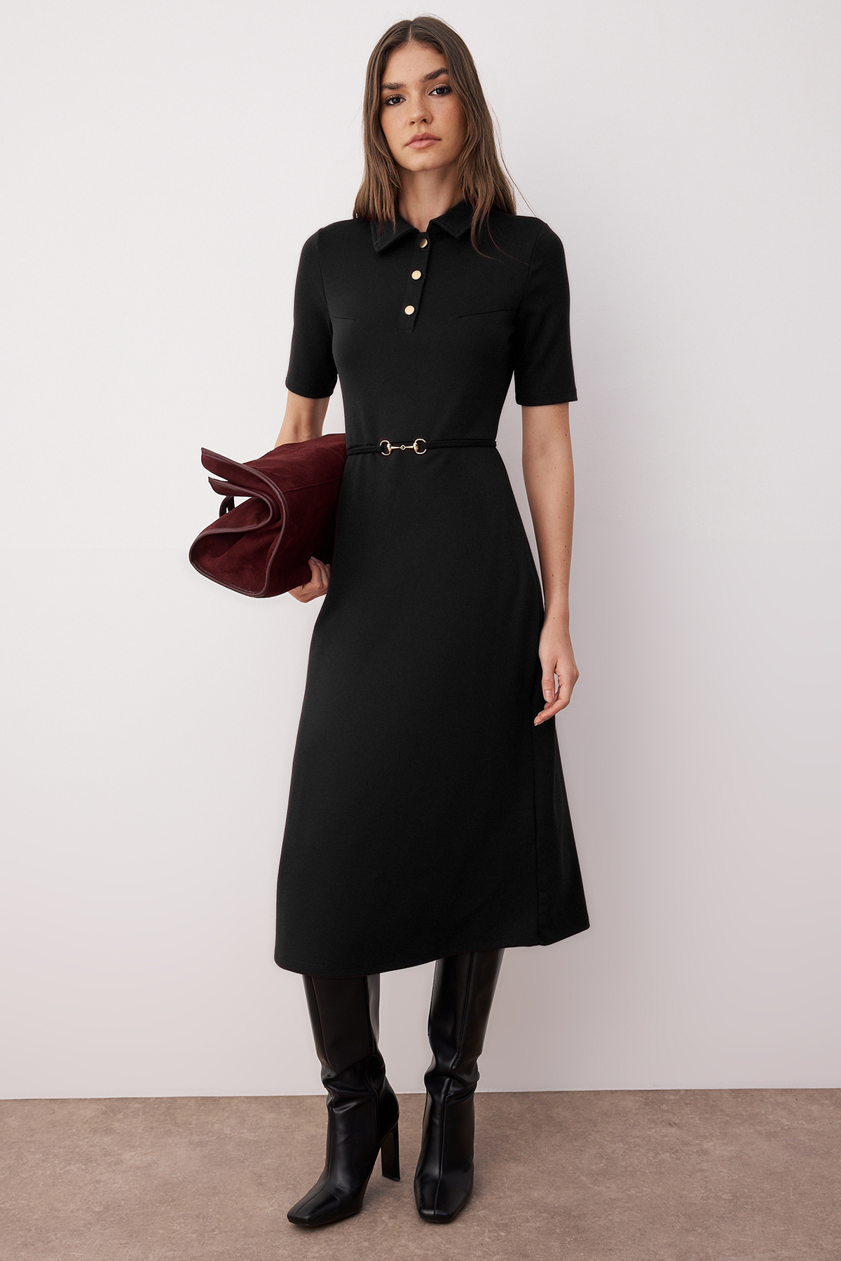 Trendyol Black Belted Three Quarter Sleeve A-Line/Flared Plain Midi Knit Dress