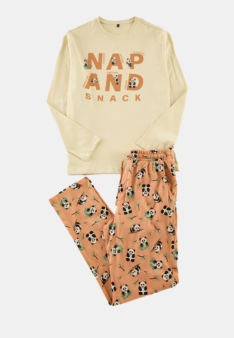 Trendyol Orange Printed 100% Cotton Regular Fit Pajama Set - Tmnaw25Pt00041