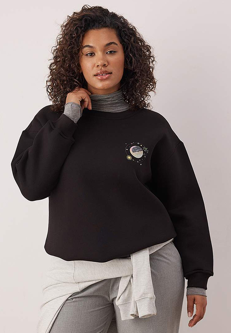 Trendyol Black Galaxy Printed Oversize/Wide Fit Large Size Sweatshirt With Fleece Inside