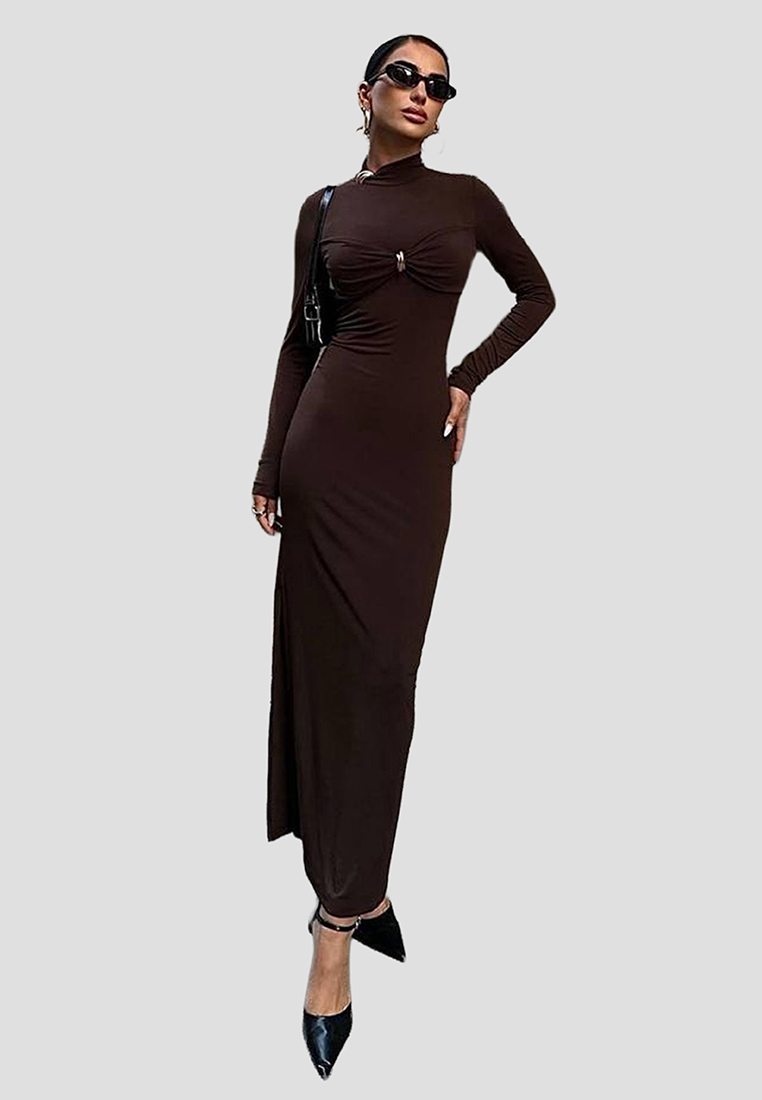 Trendyol Brown Fitted Accessory Knitted Evening Dress Graduation Dress TPRAW25EL00166