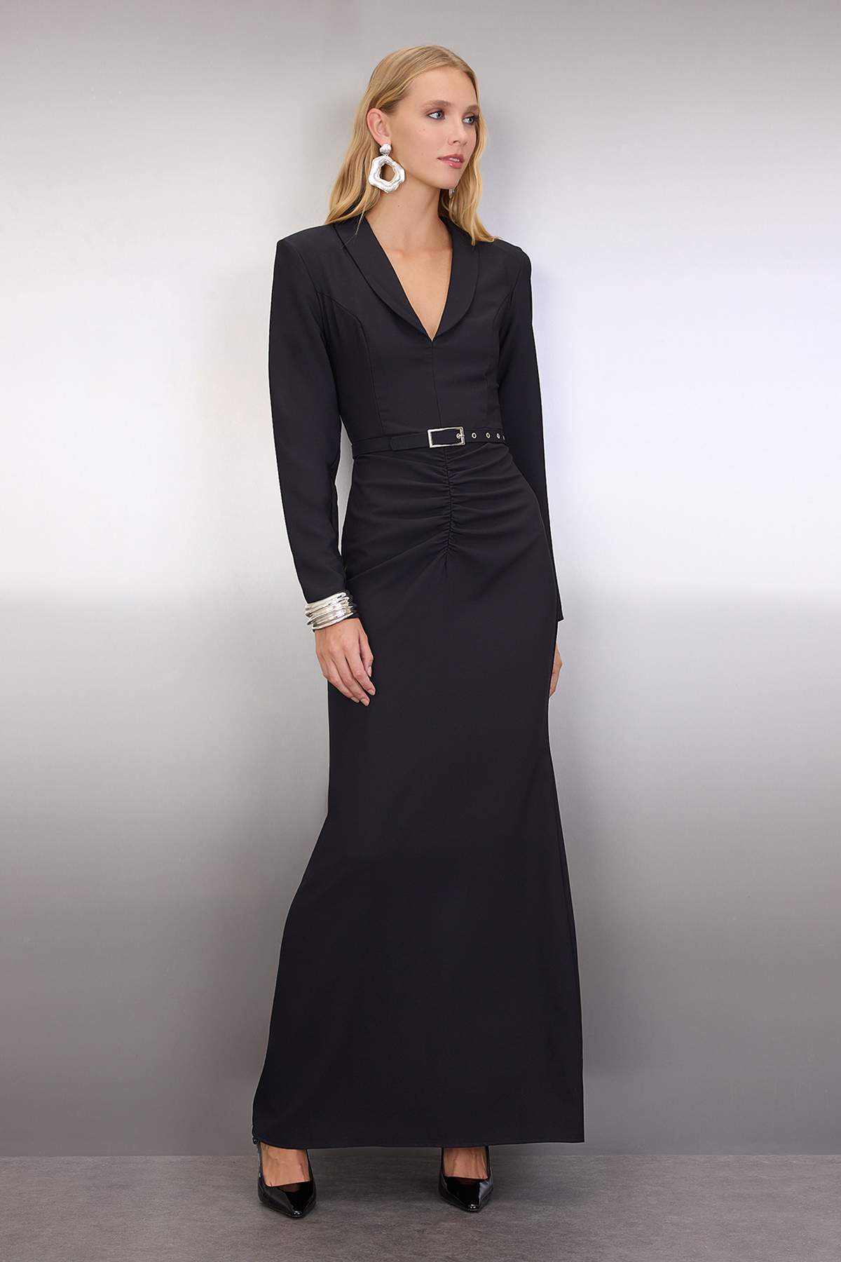 Trendyol Black Plain Belted Woven Finike Maxi Evening & Graduation Dress