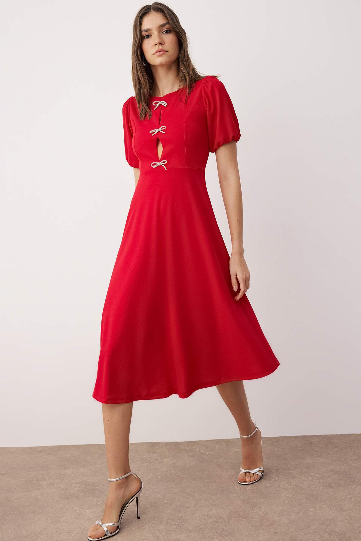 Trendyol Red A-Line Bow Knitted Elegant Evening Graduation Dress