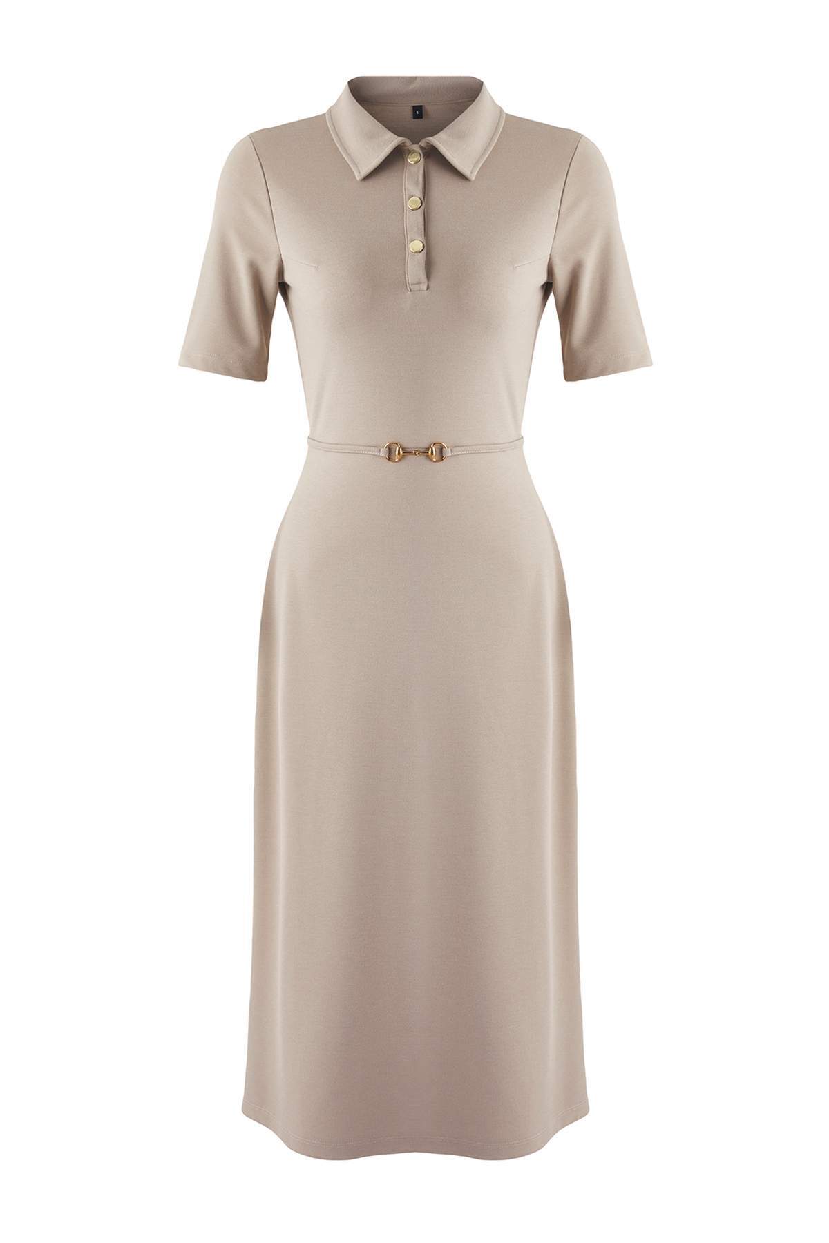 Trendyol Stone Belted Three Quarter Sleeve A-Line/Flared Plain Midi Knit Dress