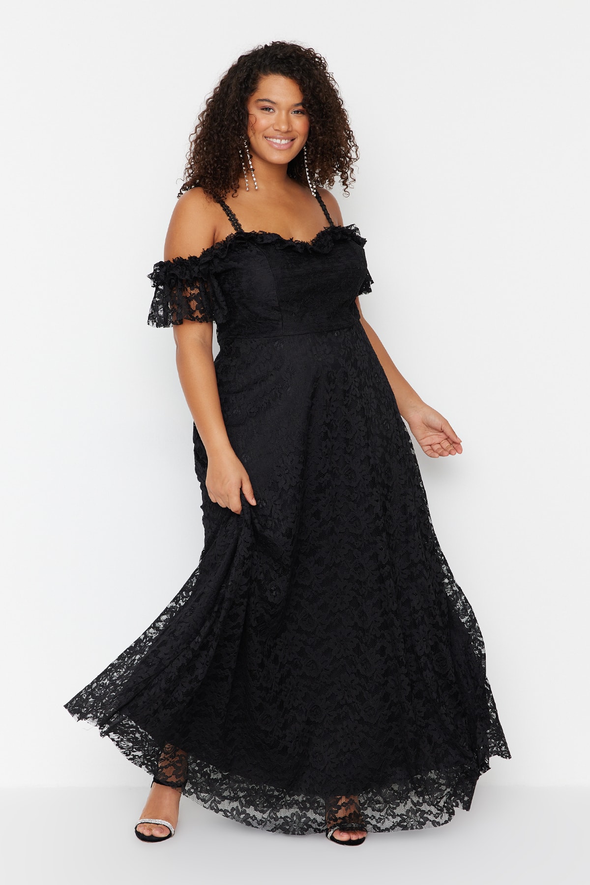 Trendyol Black Strap A-Line/Flared Lace Long Evening Dress/Graduation/Engagement/Evening Dress