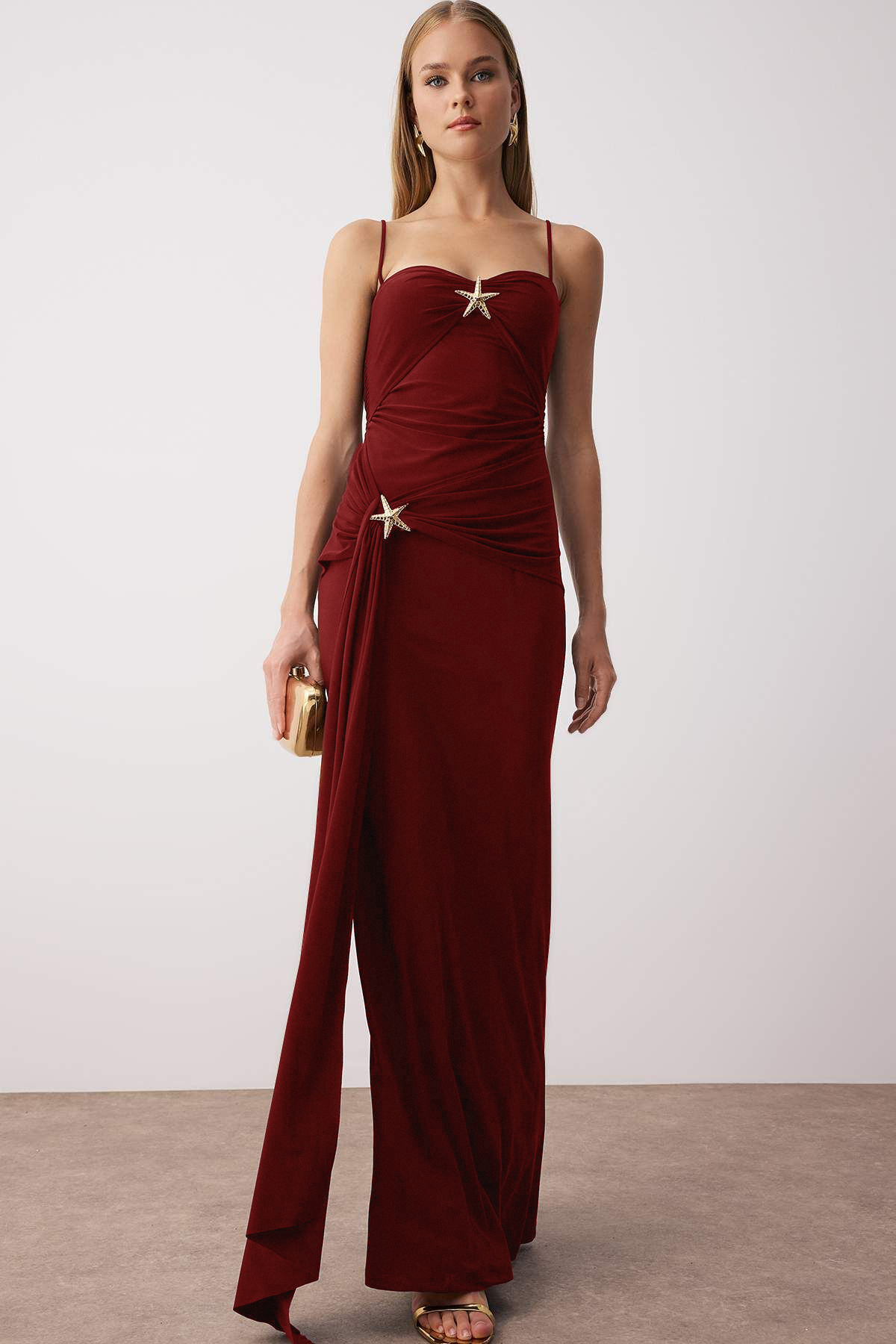 Trendyol Burgundy Body-Styling Accessory Detailed Knitted Maxi Evening & Graduation Dress