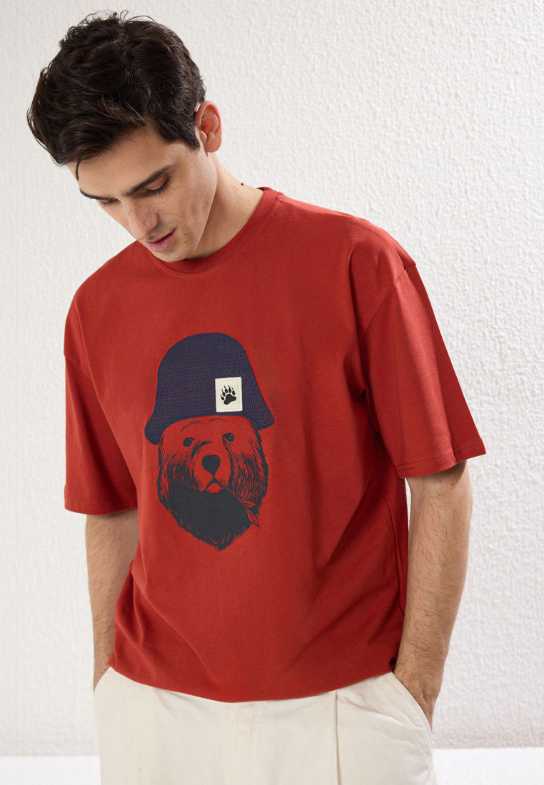 Trendyol Brick Oversize/Wide Cut Applique Hat Detail 100% Cotton Short Sleeve T-Shirt TMNSS25TS00016