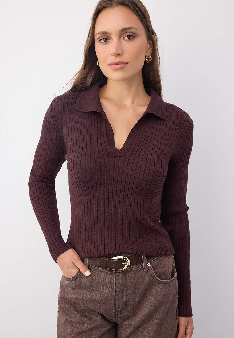 Trendyol Wardrobe Essentials Brown Premium Yarn Polo Neck Ribbed Knit Sweater |