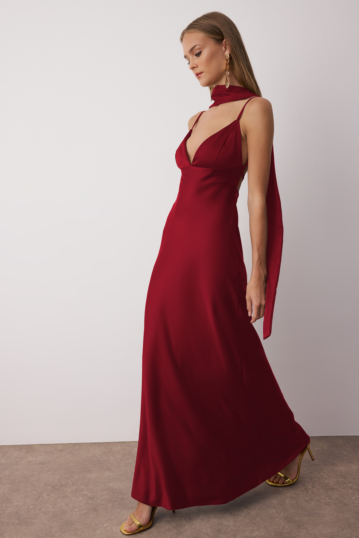 Trendyol Red Shawl Detailed Satin Woven Maxi Evening Night Graduation Dress