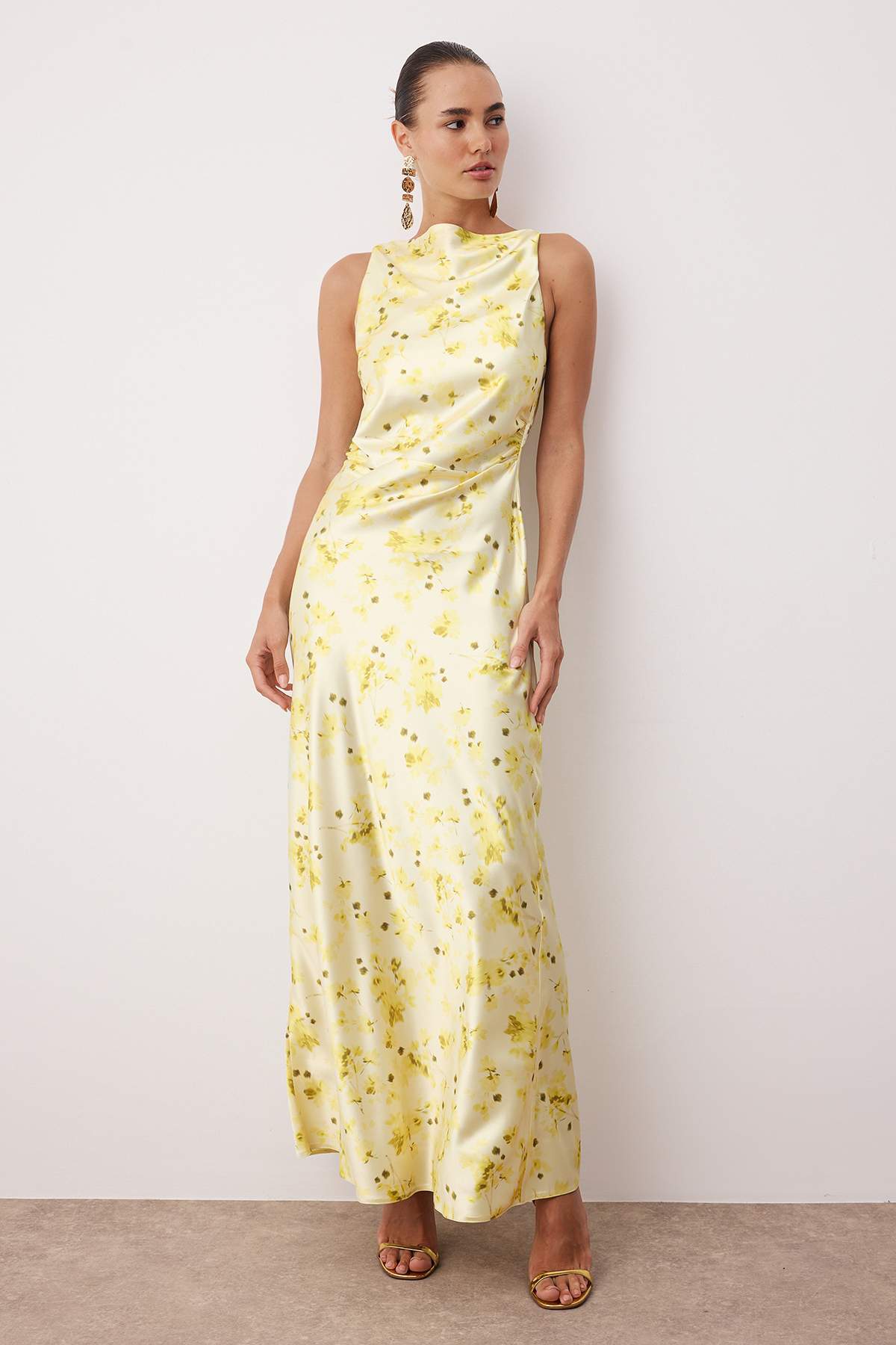 Trendyol Yellow-Multicolored Plain Bodycon Woven Satin Maxi Evening & Graduation Dress