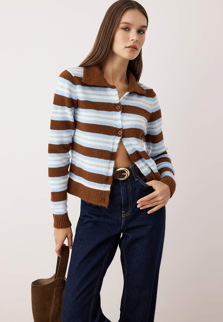 Trendyol Wardrobe Essentials Brown*001 Polo Collar Striped Knit Cardigan |