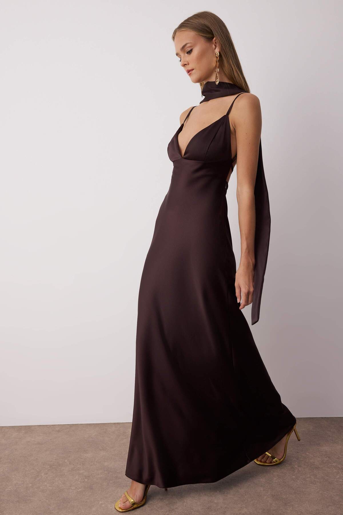 Trendyol Brown Shawl Detailed Satin Woven Maxi Evening Night Graduation Dress