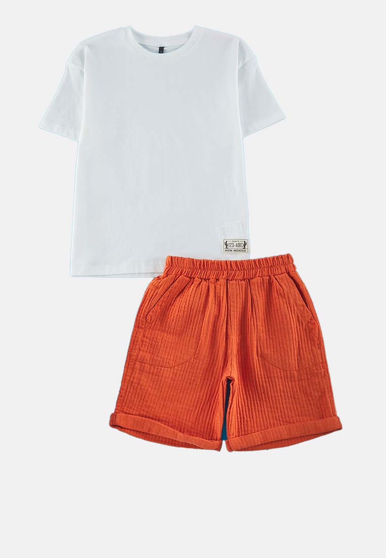 Trendyol Brick Boy 100% Cotton Muslin Printed T-Shirt-Shorts Knitted Top-Bottom Set