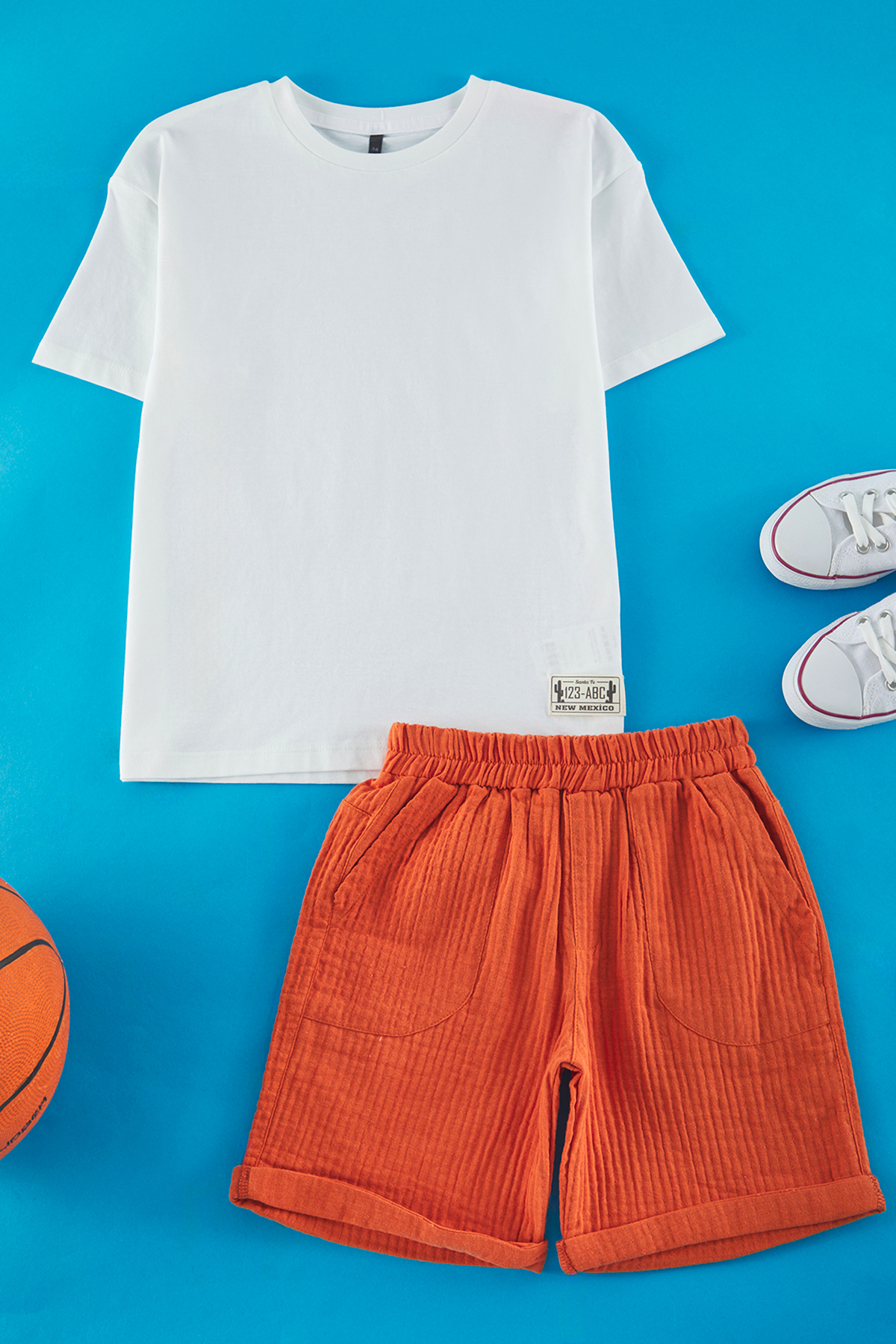 Trendyol Brick Boy 100% Cotton Muslin Printed T-Shirt-Shorts Knitted Top-Bottom Set