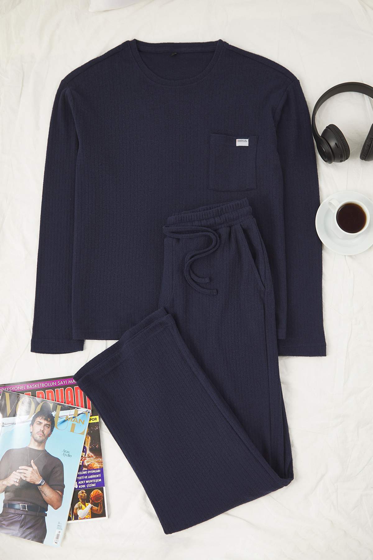Trendyol Navy Blue Regular Fit Pocket Label Detailed Soft Touch Knitted Pajama Set