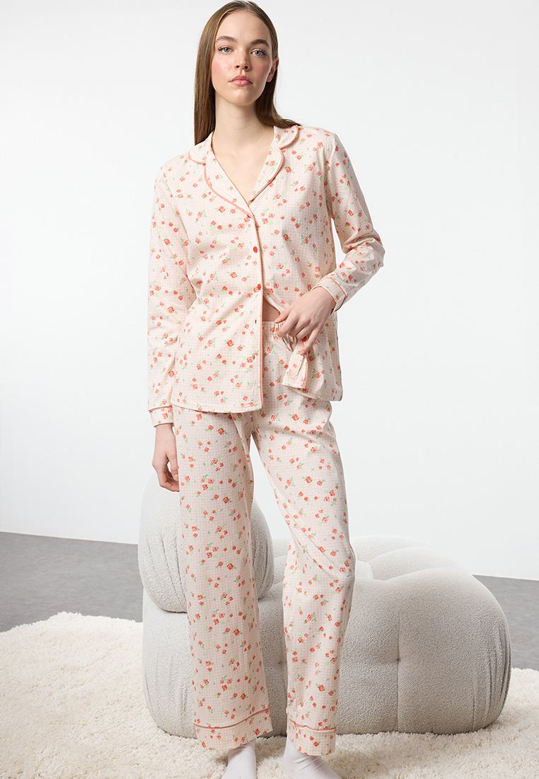 Trendyol Ecru 100% Cotton Floral Knitted Pajama Set Thmaw25Pt00202