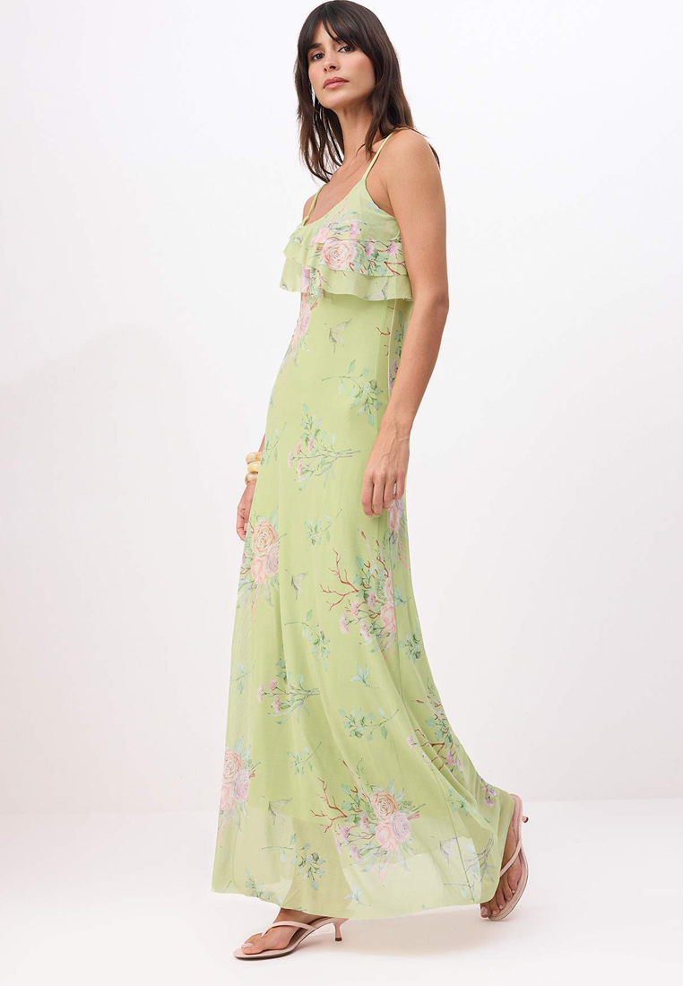Trendyol Green Floral A-Line/Bell Form Spaghetti Strap V Ruffled Ruffle Maxi Knitted Dress Twoss26El